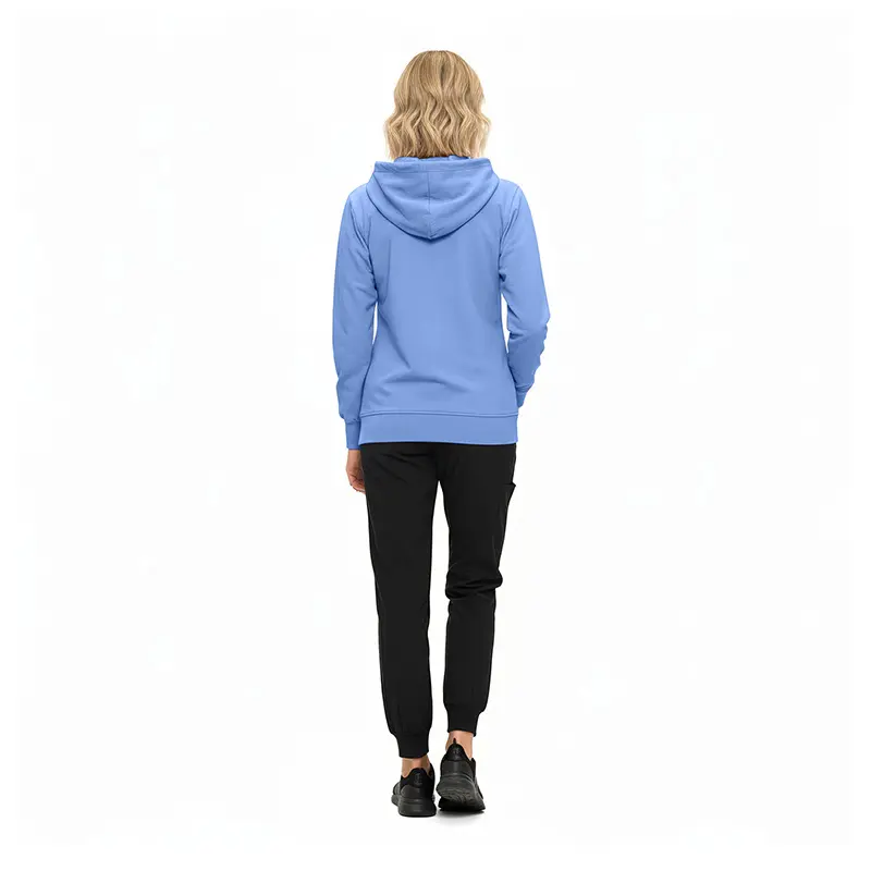 Wholesale women's blue hoodie with black jogger pants and black athletic shoes, rear view