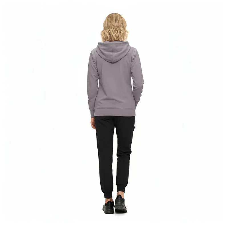 Wholesale women's gray hoodie with black jogger pants and black sneakers, back view