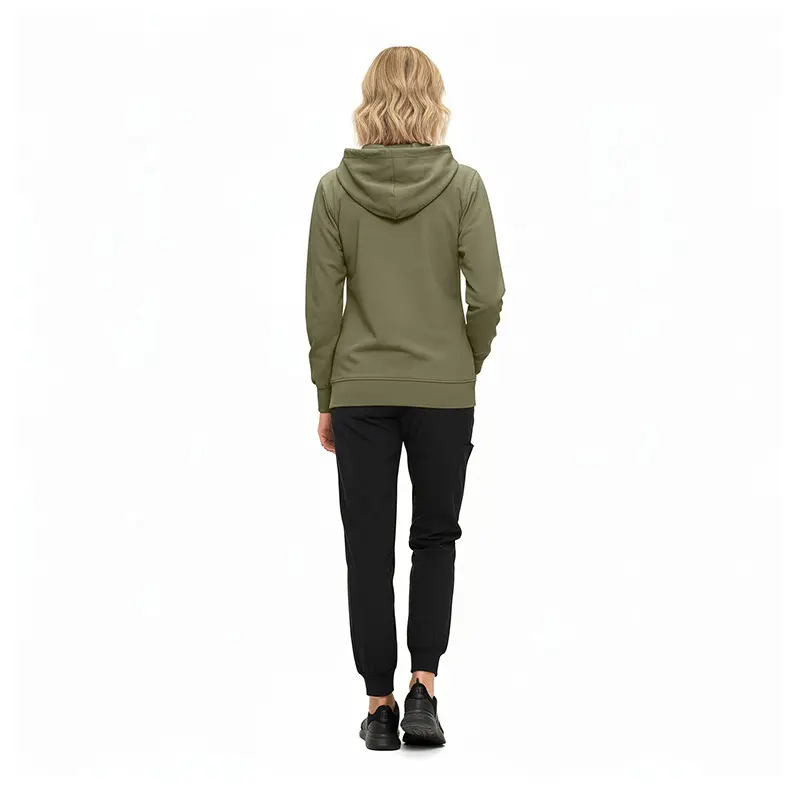 Wholesale women's olive green hoodie with black jogger pants and black sneakers, back view