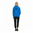 Wholesale women's blue hoodie with black jogger pants and black athletic shoes, back view
