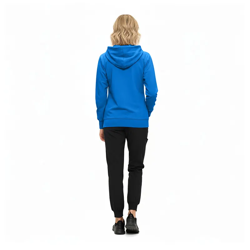 Wholesale women's blue hoodie with black jogger pants and black athletic shoes, back view