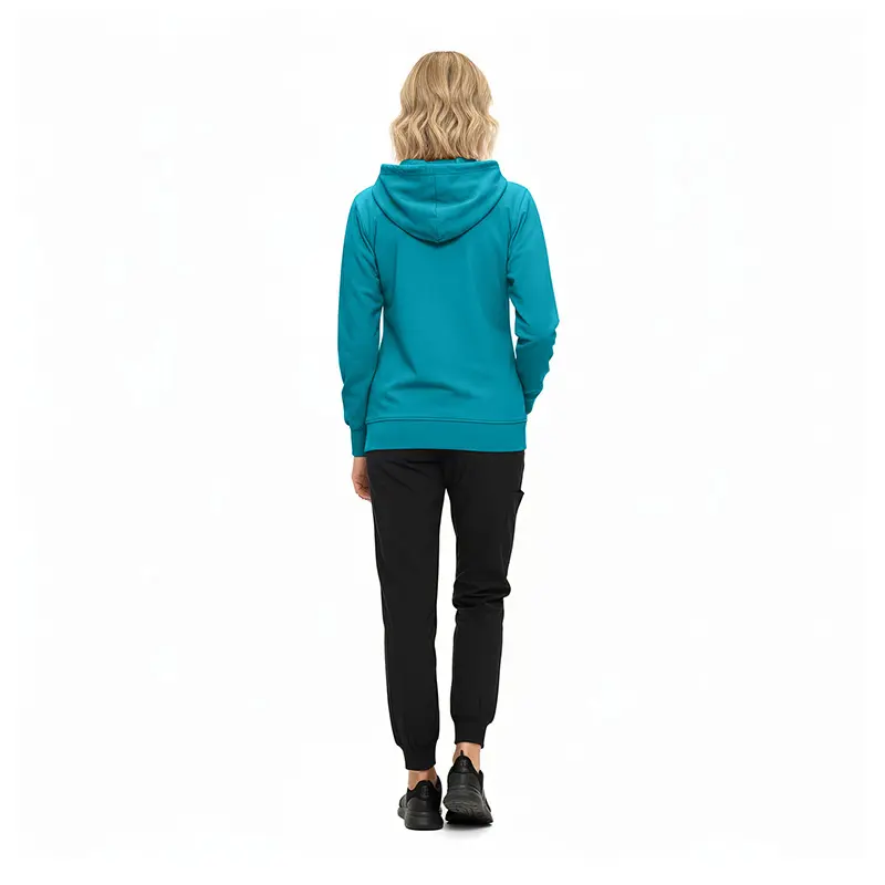 Wholesale women's teal hoodie and black jogger pants back view