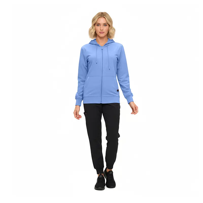 Wholesale women's periwinkle blue zip-up hoodie with black jogger pants and black sneakers