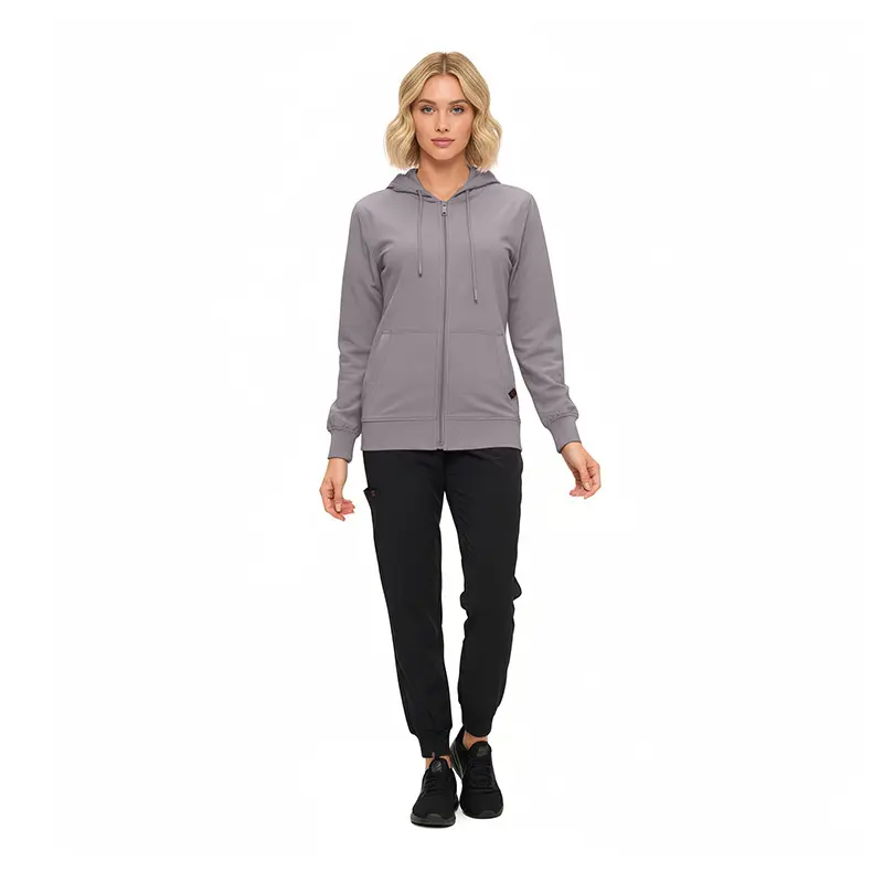 Wholesale women's gray zip-up hoodie with black jogger pants and black sneakers