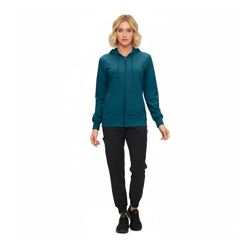 Wholesale women's teal zip-up hoodie with black jogger pants and black sneakers