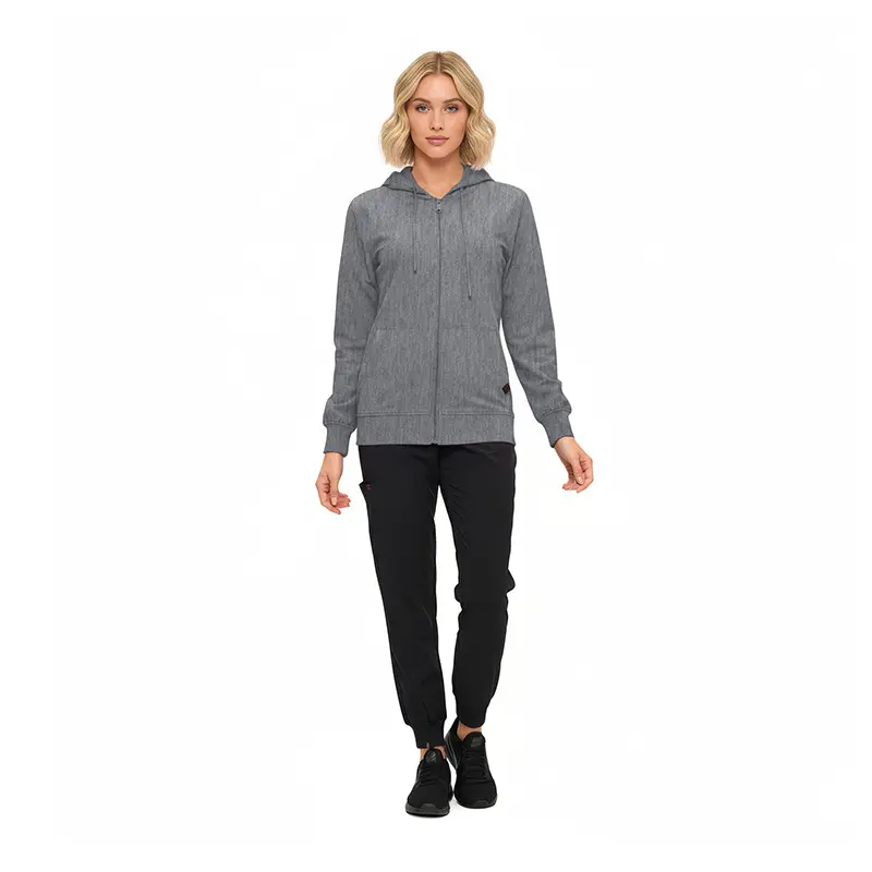 Wholesale women's gray zip-up hoodie with black jogger pants and black sneakers