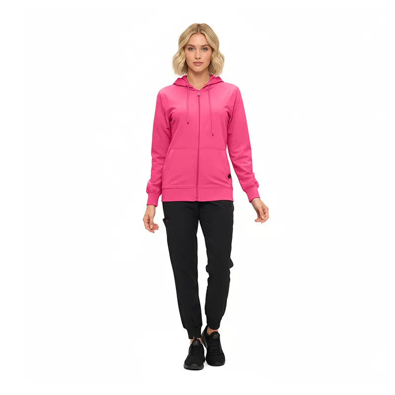 Wholesale women's hot pink zip-up hoodie with black jogger pants and black sneakers
