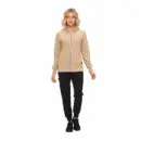Wholesale women's beige zip-up hoodie with black jogger pants and black sneakers