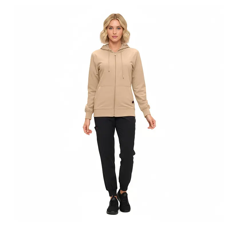 Wholesale women's beige zip-up hoodie with black jogger pants and black sneakers
