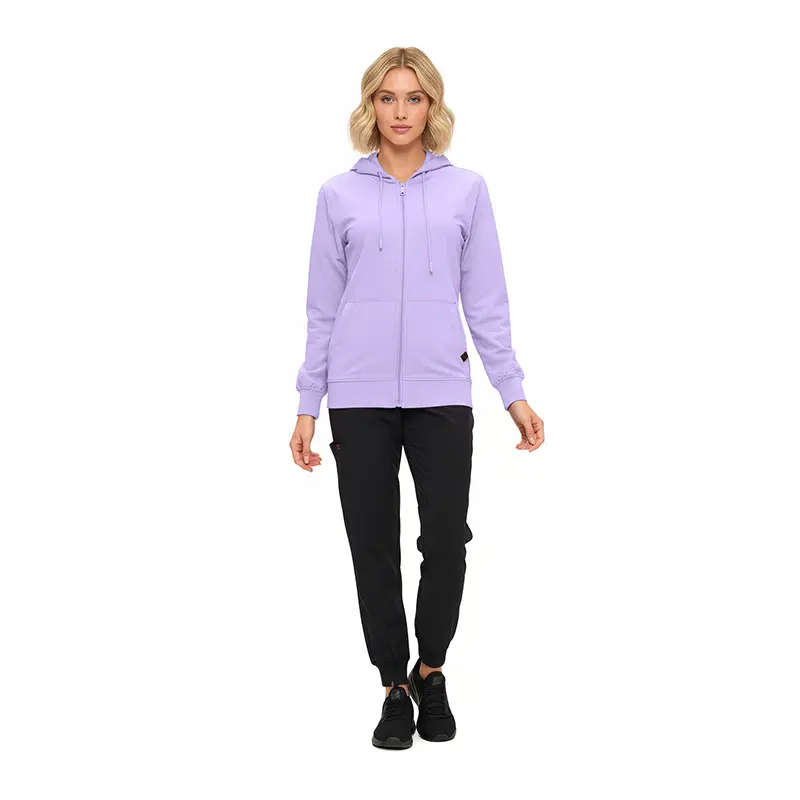 Wholesale women's lavender zip-up hoodie with black jogger pants and black sneakers