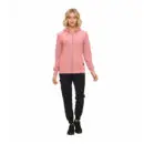 Wholesale women's pink zip-up hoodie with black jogger pants and black sneakers