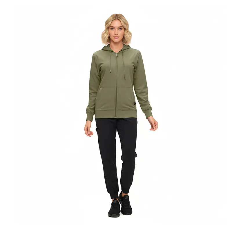Wholesale women's olive zip-up hoodie with black jogger pants and black sneakers