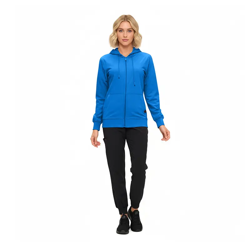 Wholesale women's blue zip-up hoodie with black jogger pants and black sneakers
