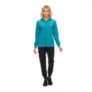 Wholesale women's teal zip-up hoodie with black jogger pants and black sneakers