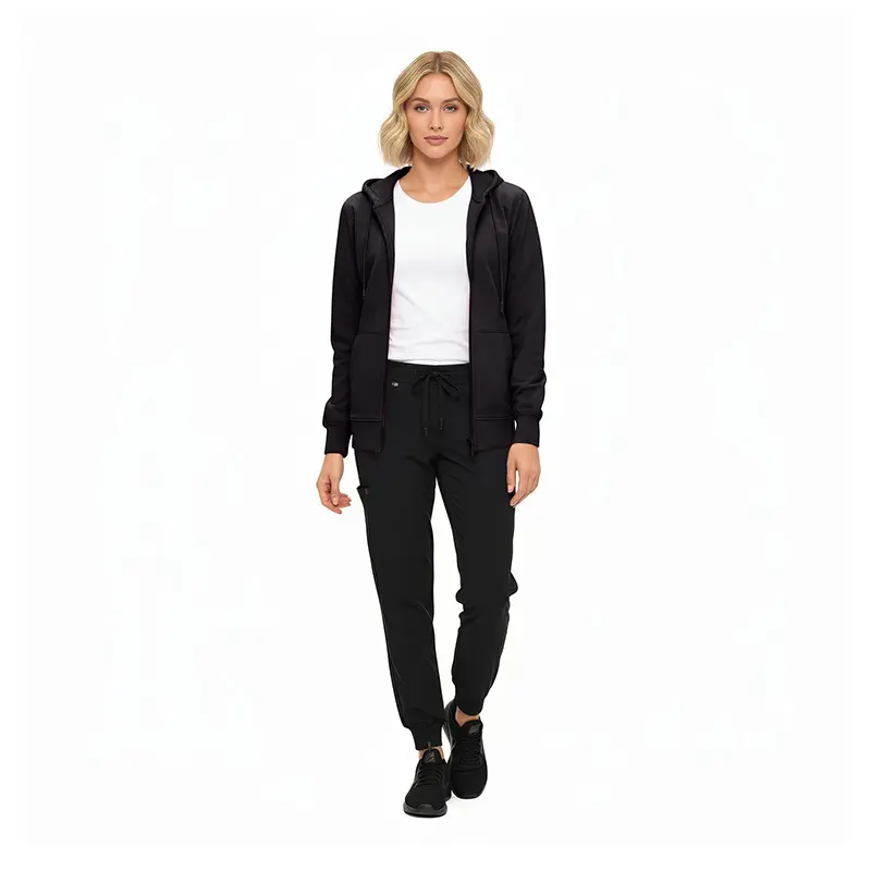 Wholesale women's black zip-up hoodie with white t-shirt and black jogger pants