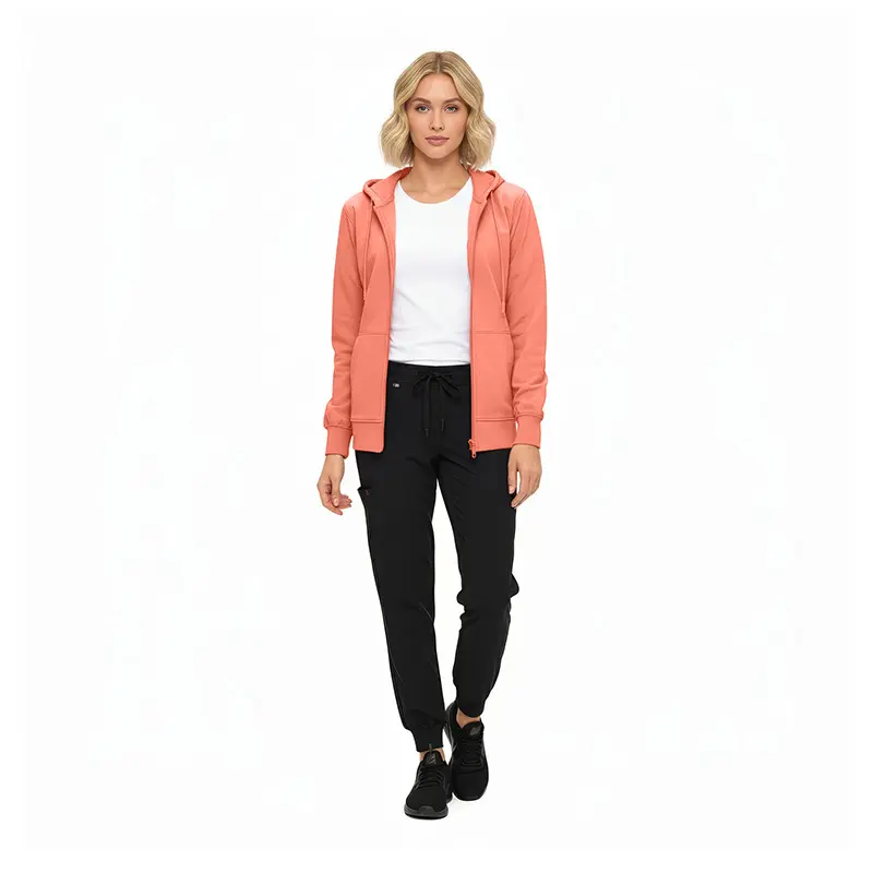Wholesale women's coral zip-up hoodie, white t-shirt, and black jogger pants outfit set