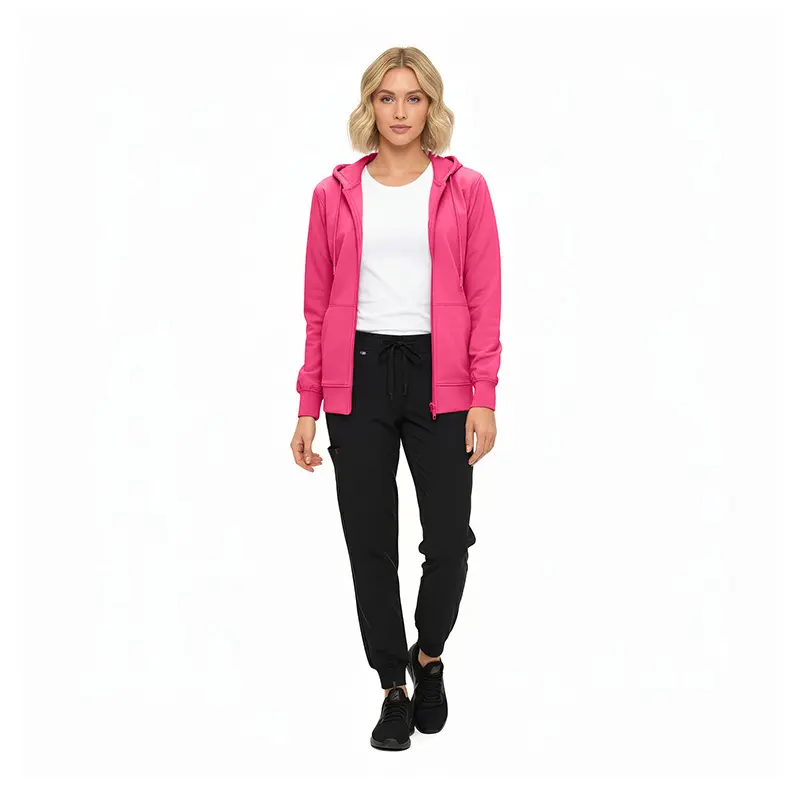 Wholesale women's pink zip-up hoodie with white t-shirt and black jogger pants outfit