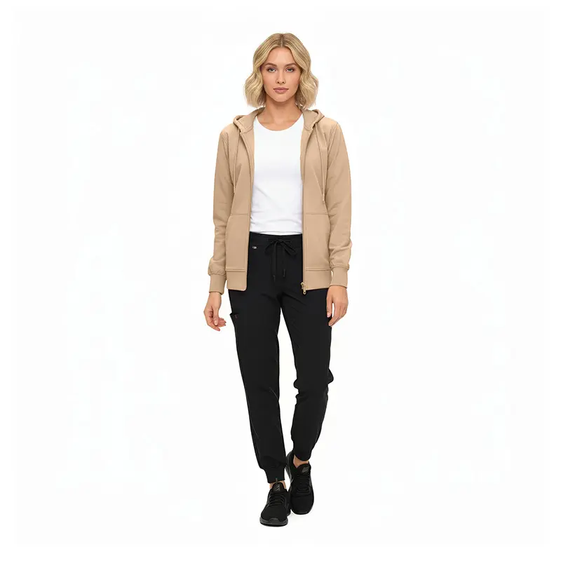 Wholesale women's beige zip-up hoodie, white t-shirt, and black jogger pants outfit