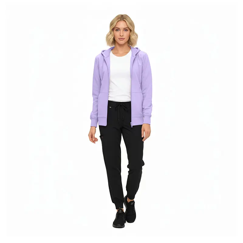Wholesale women's lavender zip-up hoodie, white t-shirt, and black jogger pants outfit