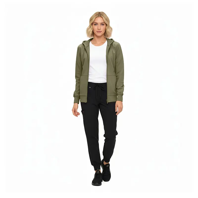 Wholesale women's olive zip-up hoodie with white t-shirt and black jogger pants