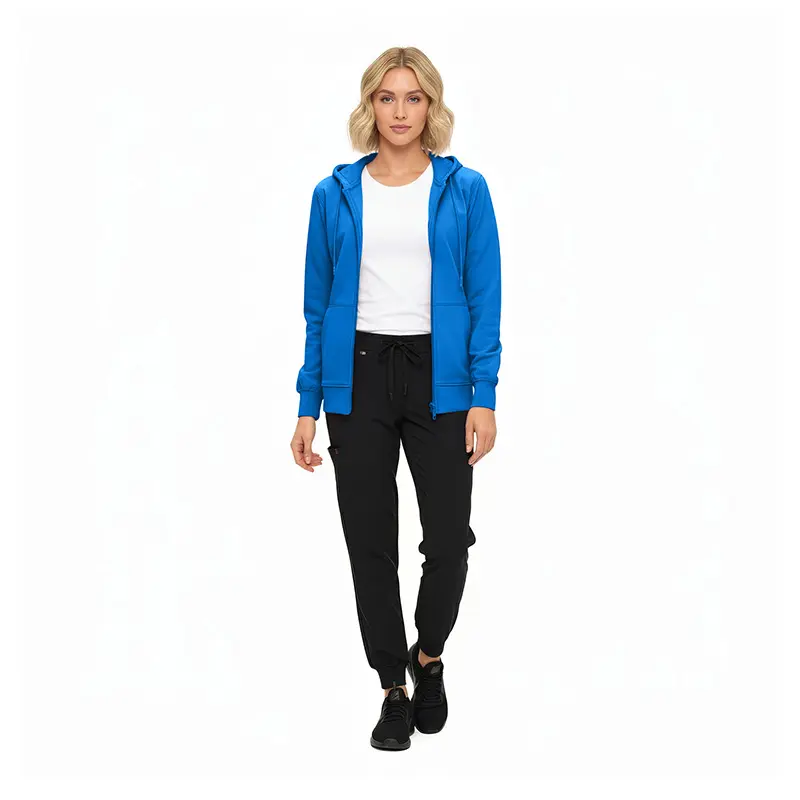 Wholesale women's blue zip-up hoodie, white t-shirt, and black jogger pants outfit