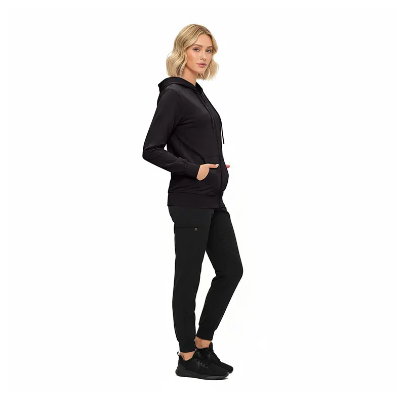Wholesale women's black zip-up hoodie and jogger pants set with kangaroo pockets