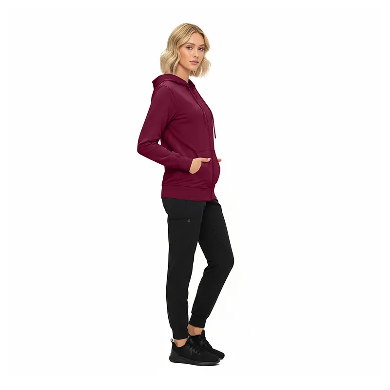 Wholesale women's burgundy zip-up hoodie with black joggers and black sneakers