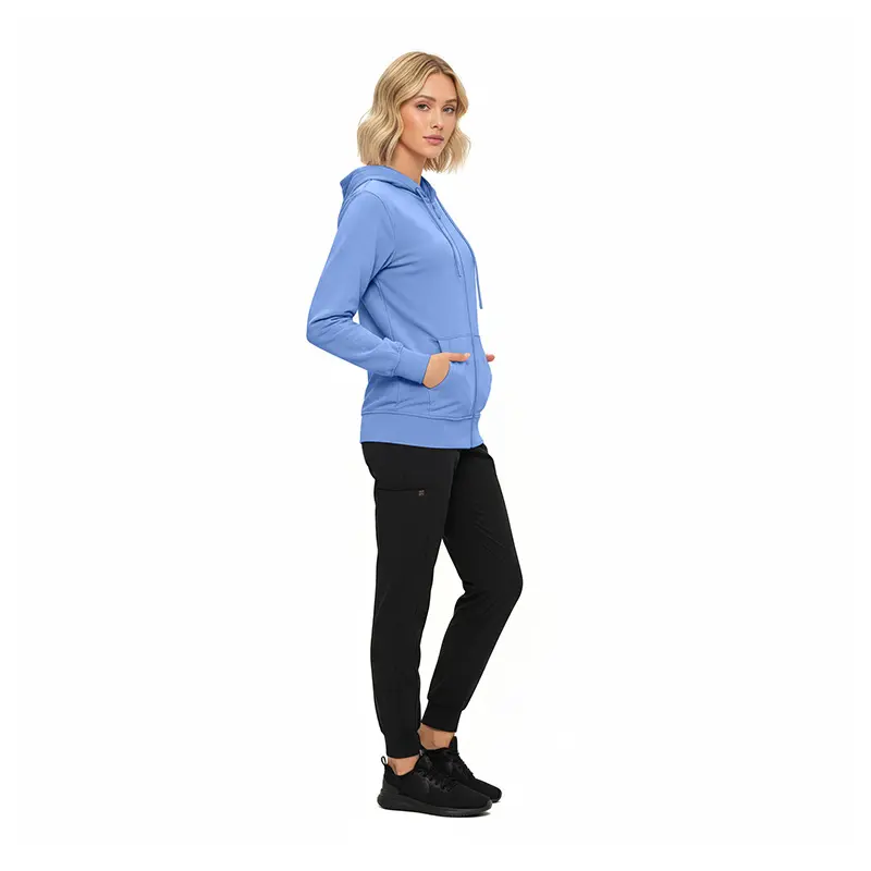 Wholesale women's blue zip-up hoodie with orange pockets and black leggings