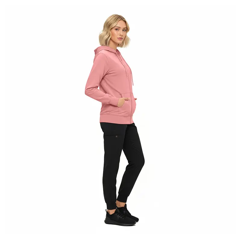 Wholesale women's pink zip-up hoodie with black leggings and black sneakers