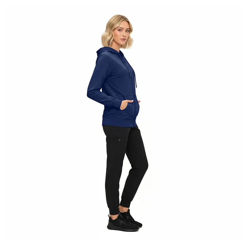 Wholesale women's navy zip-up hoodie with orange accents and black jogger pants