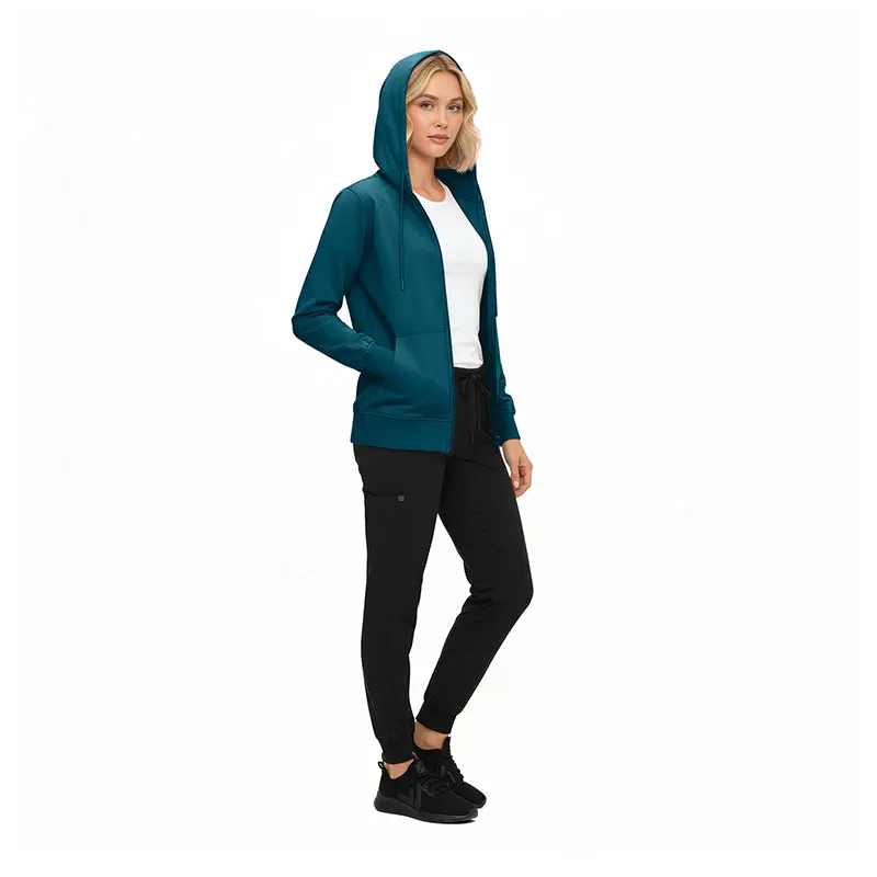 Wholesale women's teal zip-up hoodie with white shirt, black pants, and black sneakers