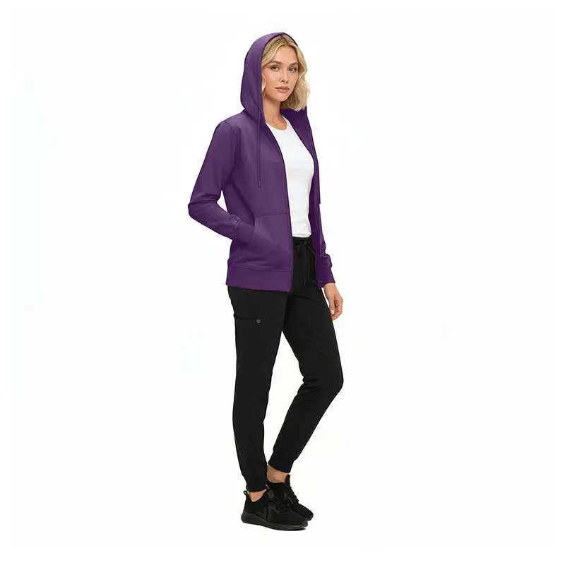 Wholesale women's purple zip-up hoodie with white shirt and black pants