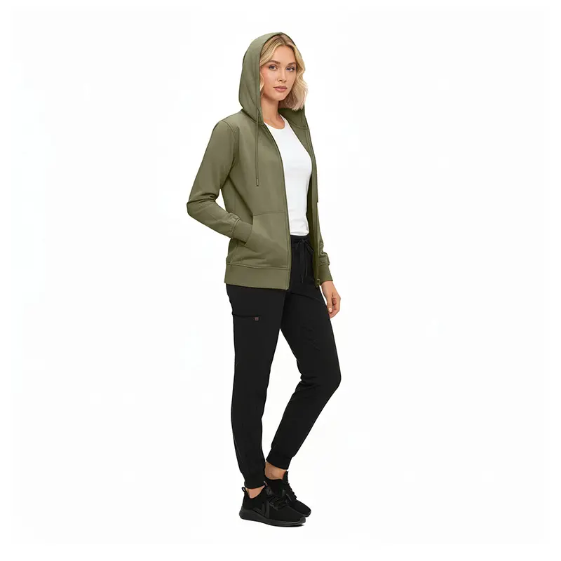 Wholesale women's olive green zip-up hoodie with white tank top and black joggers