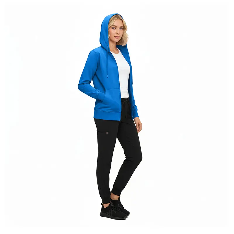 Wholesale women's blue zip-up hoodie with white shirt and black pants