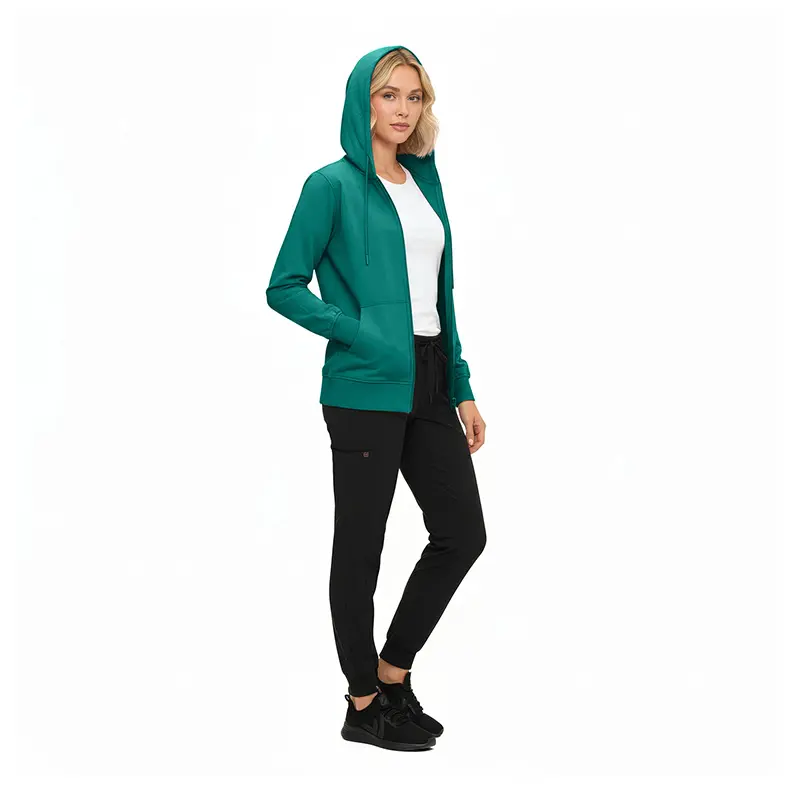 Wholesale women's teal zip-up hoodie with white shirt and black joggers