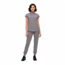 Wholesale women's gray short-sleeve half-zip top and jogger pants set