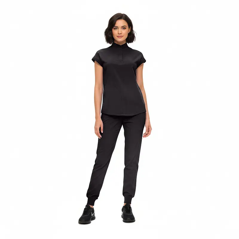 Wholesale women's black short-sleeve polo shirt and jogger pants set