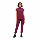 Wholesale women's burgundy short-sleeve polo shirt and matching jogger pants set