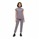 Wholesale women's gray short-sleeve polo shirt and matching jogger pants set
