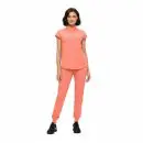 Wholesale women's coral short-sleeve polo shirt and jogger pants set with black sneakers