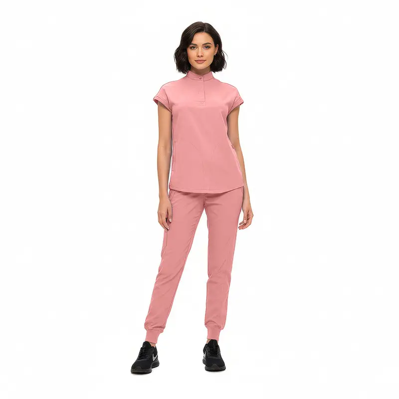 Wholesale women's pink short-sleeve polo shirt and matching jogger pants set