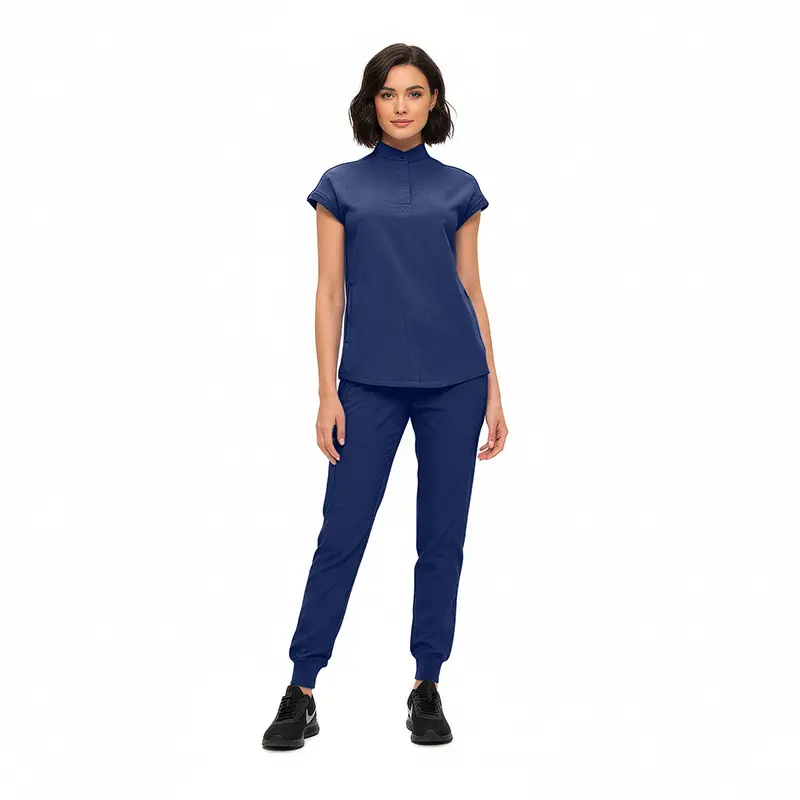 Wholesale women's navy blue short-sleeve polo shirt and jogger pants set