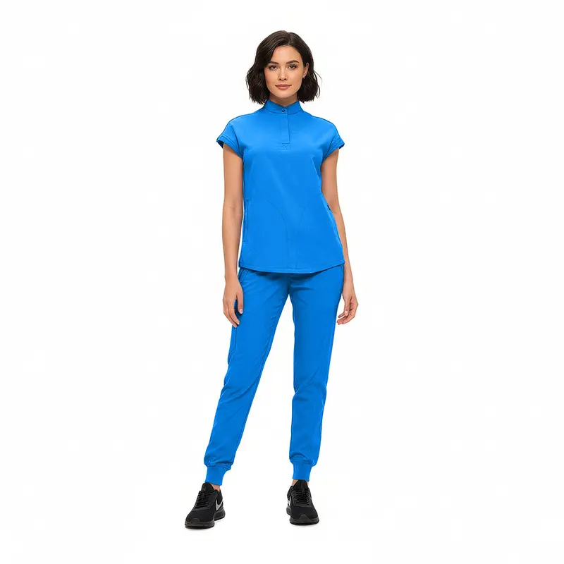 Wholesale women's blue short-sleeve zip-up athletic shirt and jogger pants set
