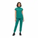 Wholesale women's teal short-sleeve polo shirt and jogger pants set with black sneakers