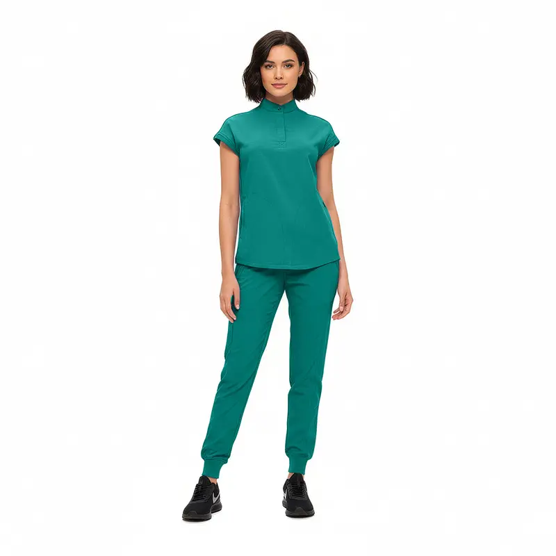 Wholesale women's teal short-sleeve polo shirt and jogger pants set with black sneakers
