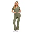 Wholesale women's olive green v-neck scrub top and flare pants set with pockets