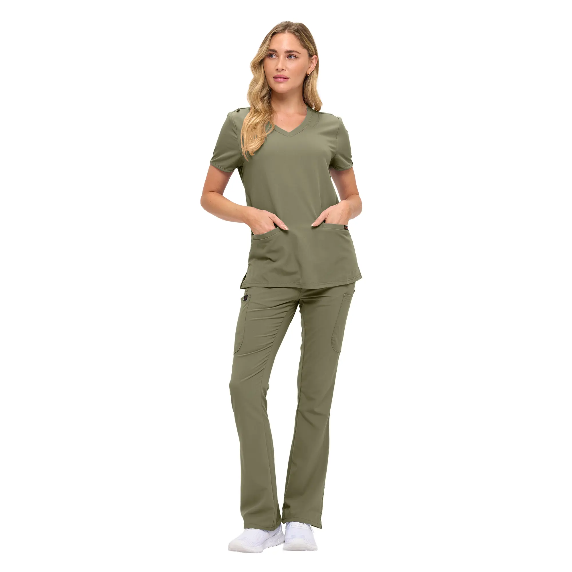 Wholesale women's olive green v-neck scrub top and flare pants set with pockets