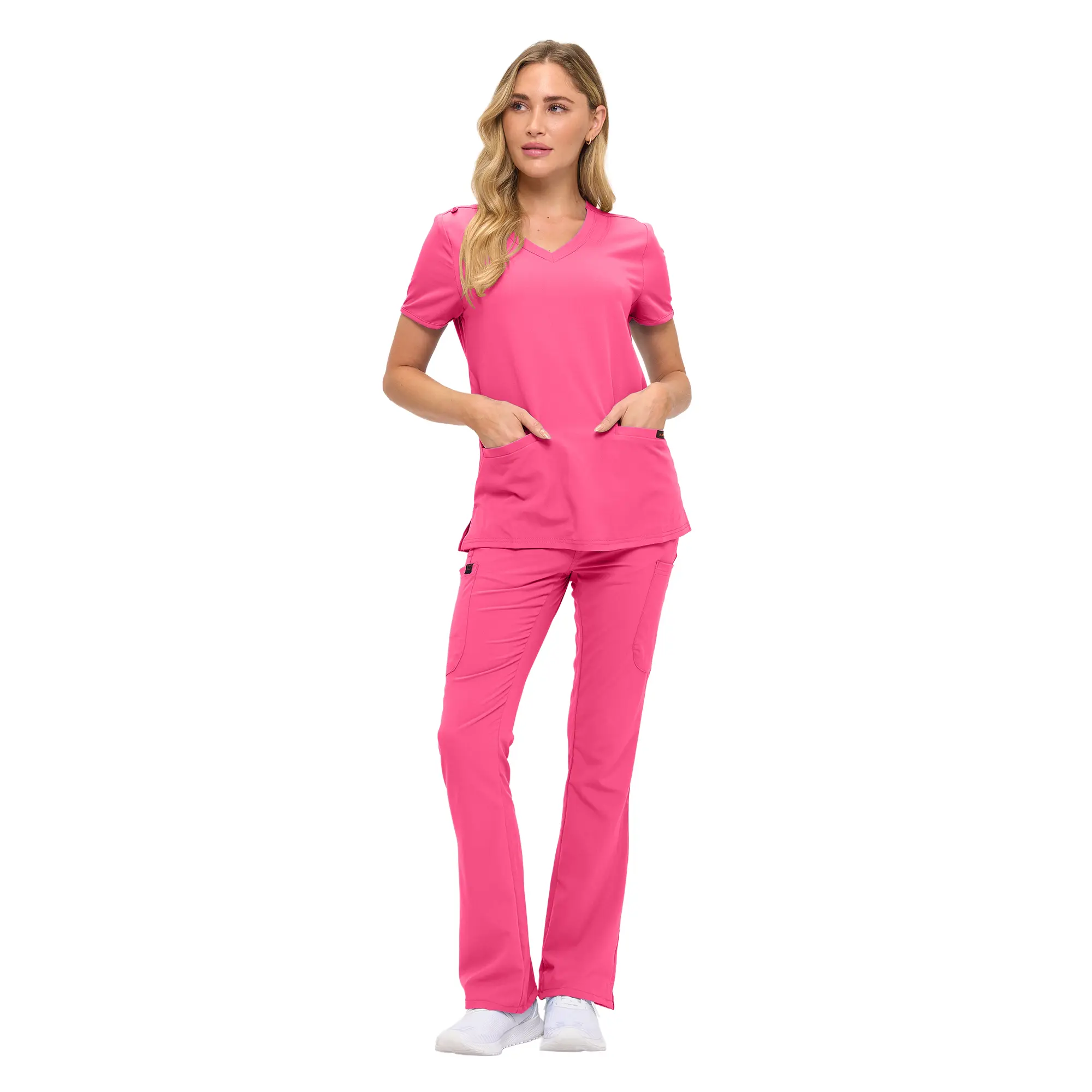 Wholesale women's hot pink v-neck scrub top and pants set with pockets