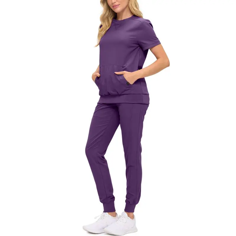 Wholesale women's purple short-sleeve t-shirt and jogger pants set with pockets
