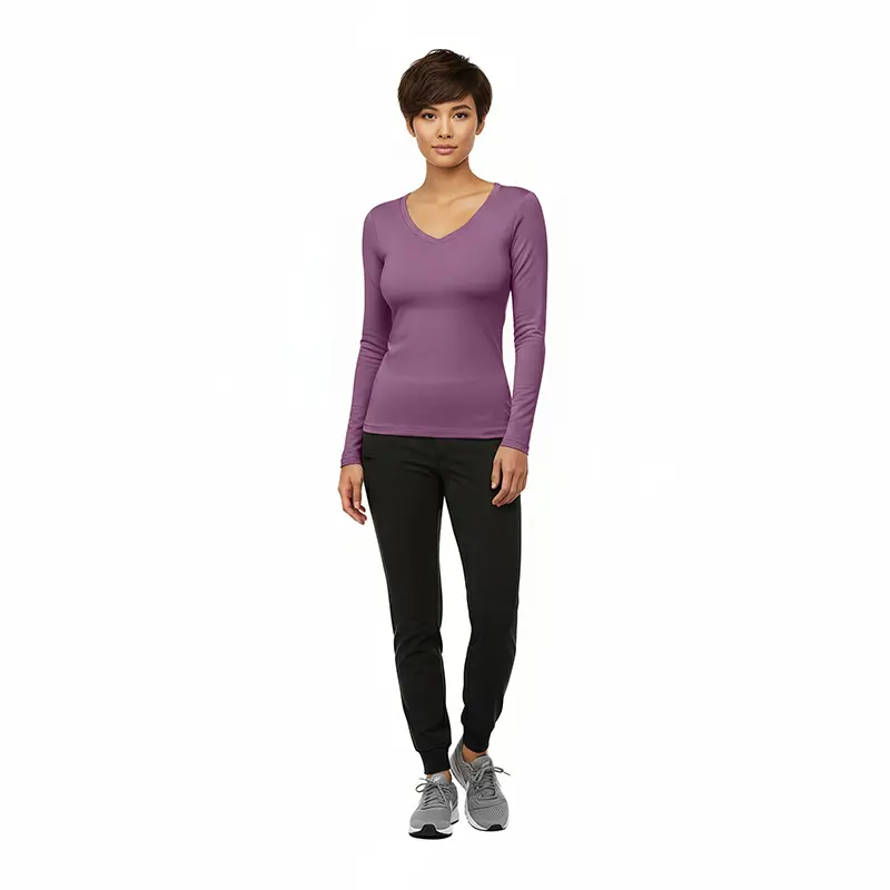 Wholesale women's purple long-sleeve v-neck top with black jogger pants and gray sneakers